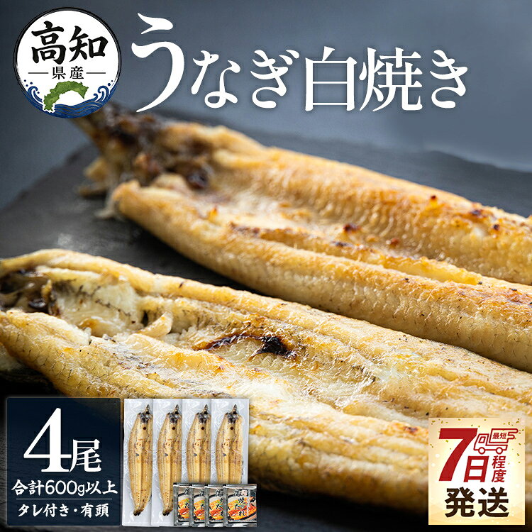 【ふるさと納税】【7日程度で発送】高知県産うなぎの白焼き 4尾 合計600g以上（1尾150〜180g）タレ付き エコ包装 - 贈答用 簡単調理 お中元 訳あり 鰻 ウナギ 有頭 つまみ ごはんのお供 ご飯 父の日 unagi 簡易包装 家庭用 早い 7日程度 高知県 香南市【冷凍】