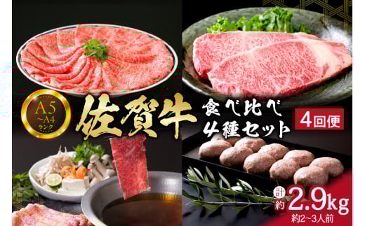 佐賀牛4種食べ比べセット 4回便 合計2.9kg （約2～3人前） サーロイン ロース ハンバーグ ステーキ しゃぶしゃぶ すき焼き 999-J664