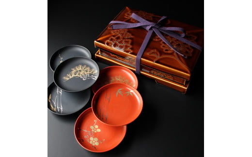 03 磁器膳 飴釉牡丹(取り皿6枚,中子,真田紐付) 貴兆陶家 A350-20