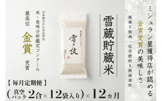 
            【 令和7年産 新米 予約 】 定期便 〔 真空パック 2合 ×12袋〕×12ヶ月 雪蔵貯蔵米 金賞受賞 魚沼産コシヒカリ 雪と技 農薬5割減・化学肥料5割減栽培　藤ノ木株式会社
          