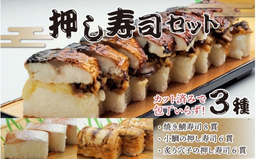 
押し寿司セット(焼き鯖寿司、小鯛の押し寿司、炙り穴子の押し寿司) 3種20貫入《大人気返礼品！》／ 越前名物 おすし 押し寿司 鯖 鯛 穴子 カット済 取り分け お手軽 あわら
