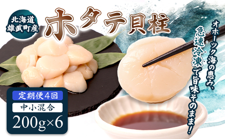 【定期便4回】　北海道雄武町産ほたて貝柱 中小混合 200g×6 (冷凍) 使い切りパック【07143】