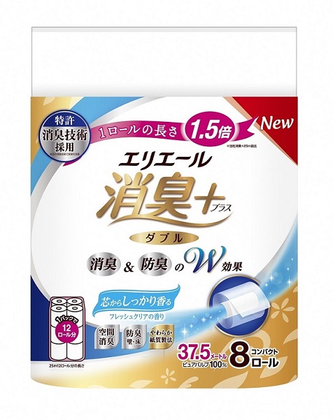 0013-10-05 エリエール 消臭＋ トイレットティシュー しっかり香るフレッシュクリアの香り コンパクトダブル 8ロール×4パック 32ロール　1.5倍巻 37.5m トイレットペーパー ダブル パルプ100％ 消臭 防臭 日用品 消耗品 備蓄