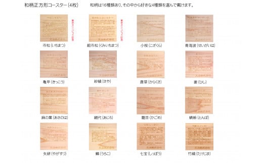 木製和柄コースター(4枚セット)角　和柄縁起解説入 ふるさと納税 表札 木製 木彫り 平彫り 木工  木製品 オーダーメイド 京都府 福知山市