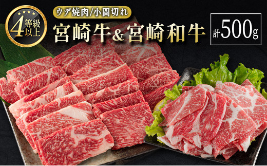 
宮崎牛＆宮崎和牛（ウデ焼肉／小間切れ）計500g 国産 肉 牛肉 ご飯 おかず すき焼き 牛丼 BBQ お弁当【B561-24-30】
