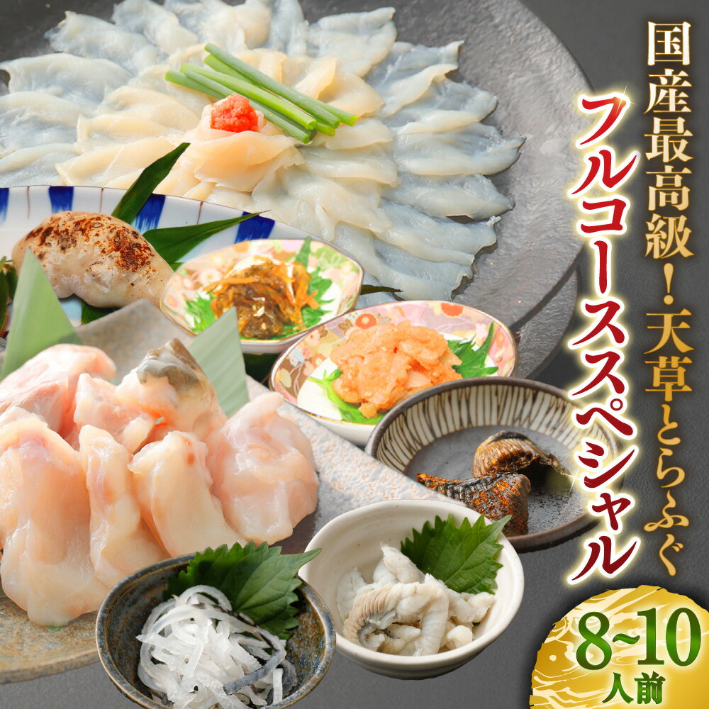 【ふるさと納税】【白子付】大皿使用 国産最高級！天草とらふぐフルコーススペシャル 8～10人前 刺身 白子 皮刺し 切身 アラ 旨辛明太和え 本皮松前漬け ひれ酒用焼きひれ 魚介類 水産物 詰め合わせ セット 冷凍 国産 九州 熊本県産 送料無料 【2025年12月下旬発送開始】