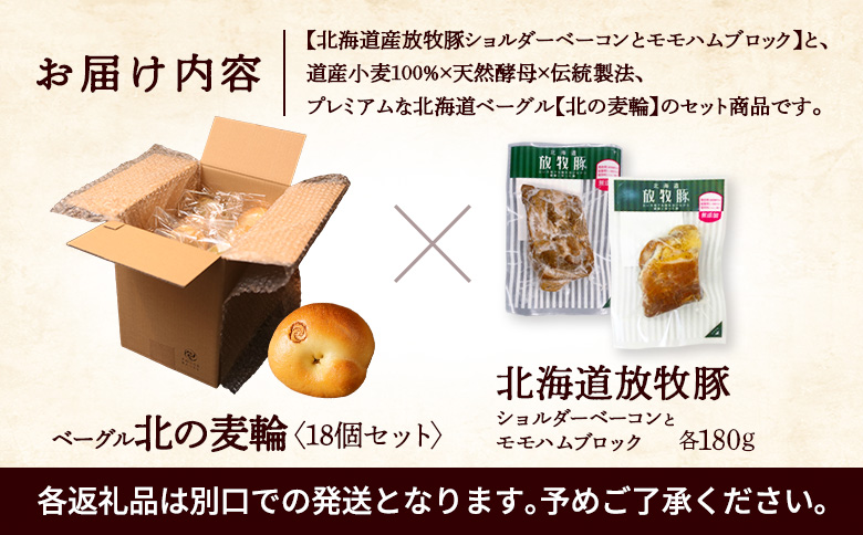 「北海道放牧豚ショルダーベーコンとモモハムブロック」とトモヱベーグル「北の麦輪」18個セット【C99032】_イメージ5