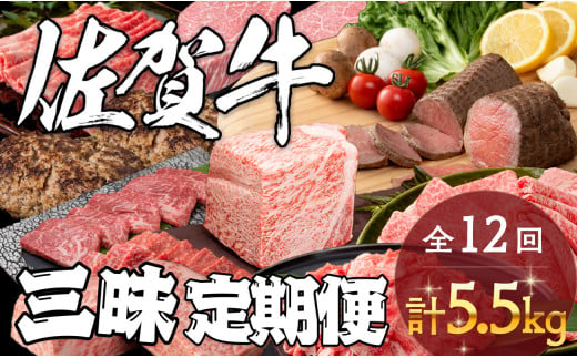 佐賀牛三昧定期便 毎月届く 全12回 計5.5kg 肉 定期便 佐賀牛 こだわり おすすめ ギフト 贈答 黒毛和牛 ランキング 30万円 300000 N300-6