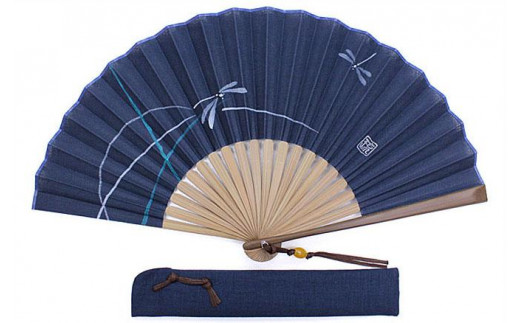 【舞扇堂】紳士扇子 手描き慶福　紺・蜻蛉