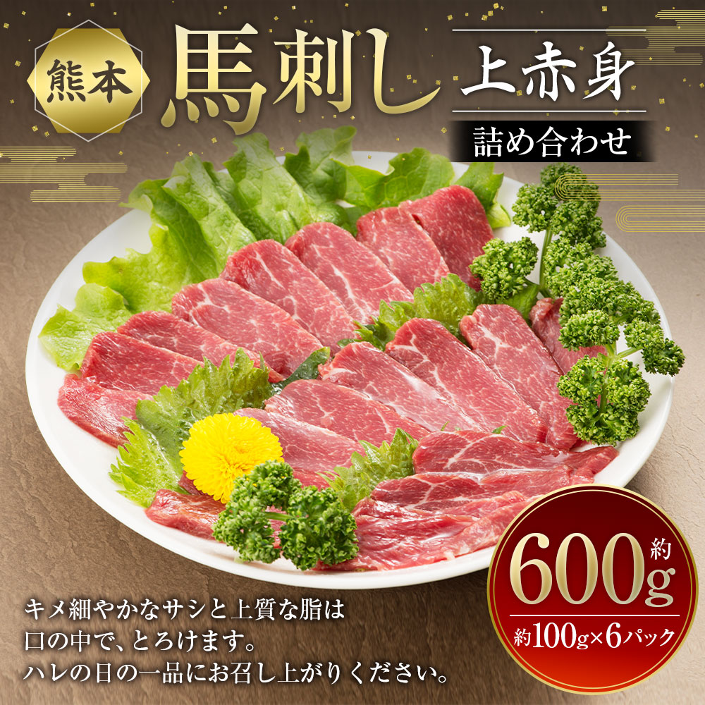 熊本 馬刺し 上赤身 詰め合わせ 約600g (約100g×6パック) 醤油付き 赤身 馬肉 馬刺 真空パック 小分け