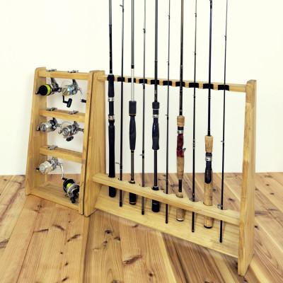 ふるさと納税 横手市 ロッドスタンド10本掛け+リールスタンド片面Mサイズ 【本体:ライトブラウン　フェルト:ブラック】 |  | 01