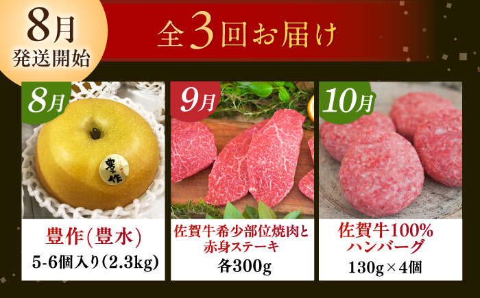 【2027年発送分 先行予約】【全3回定期便】梨（豊水）と佐賀牛定期便 / ステーキ ハンバーグ 事業者横断 / 佐賀県ふるさと納税 [41AAZZ023]