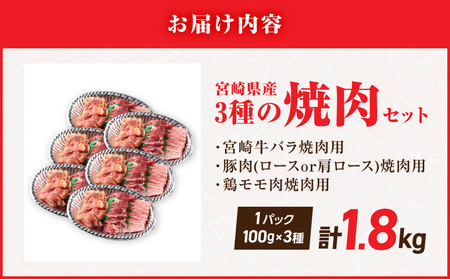 宮崎県産≪宮崎牛・豚・鶏≫3種の焼肉セット300g×6パック≪みやこんじょ快速便≫_18-89-003-1800g-R_(都城市)  宮崎県産 焼肉セット 宮崎牛バラ 豚肉(ロース又は肩ロース) 鶏モ