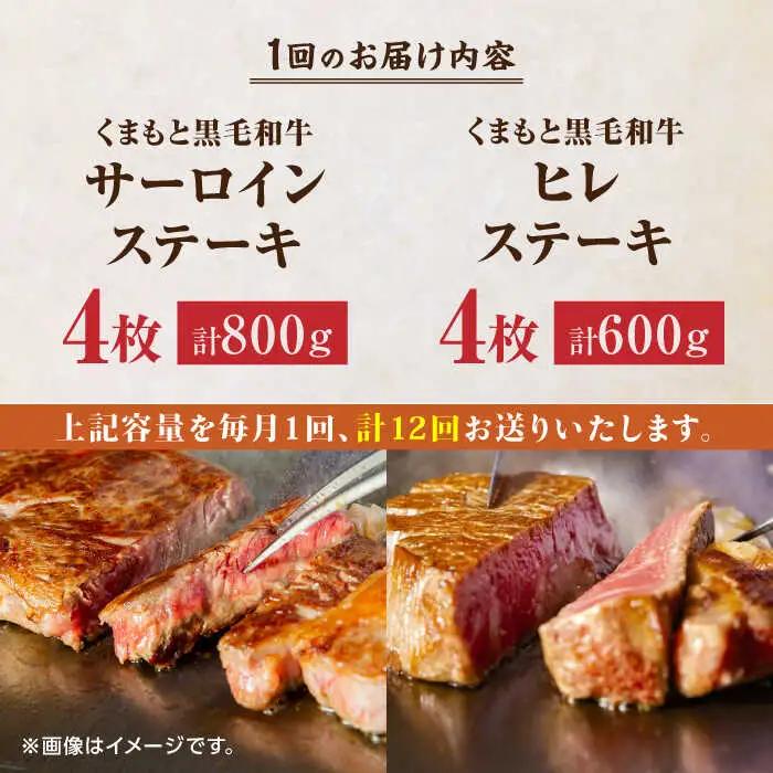 【12回定期便】くまもと黒毛和牛 ステーキ食べ比べ ヒレステーキ×4枚 サーロインステーキ×4枚【馬刺しの郷 民守】熊本 霜降り ヒレ サーロイン ステーキセット [ZBL115]