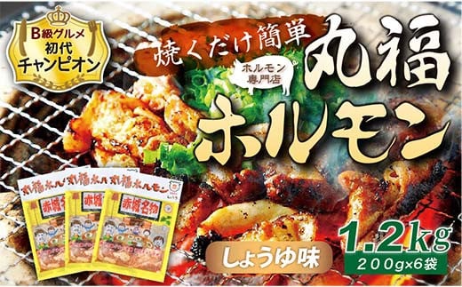 【定期便・全6回】焼くだけ簡単「丸福ホルモン (しょうゆ味)」定期便 合計7.2kg（1.2g×6回）｜豚ホルモン 豚⾁ 焼⾁ BBQ ガツナンコツ レバー ⽩モツ ⼤トロ ちょい飲み 味付き 冷凍便 F4H-0511