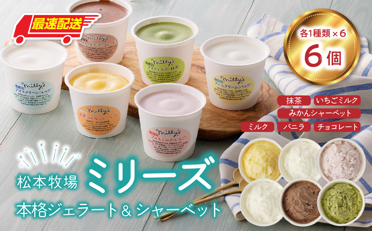 松本牧場ミリーズ（6個）／ 全6種類 生乳 アイス カップサイズ 贅沢 ジェラート デザート スイーツ アイスクリーム 菓子 ６個 セット ミルク いちごミルク 抹茶 バニラ チョコ みかんシャーベット 佐賀県 玄海町