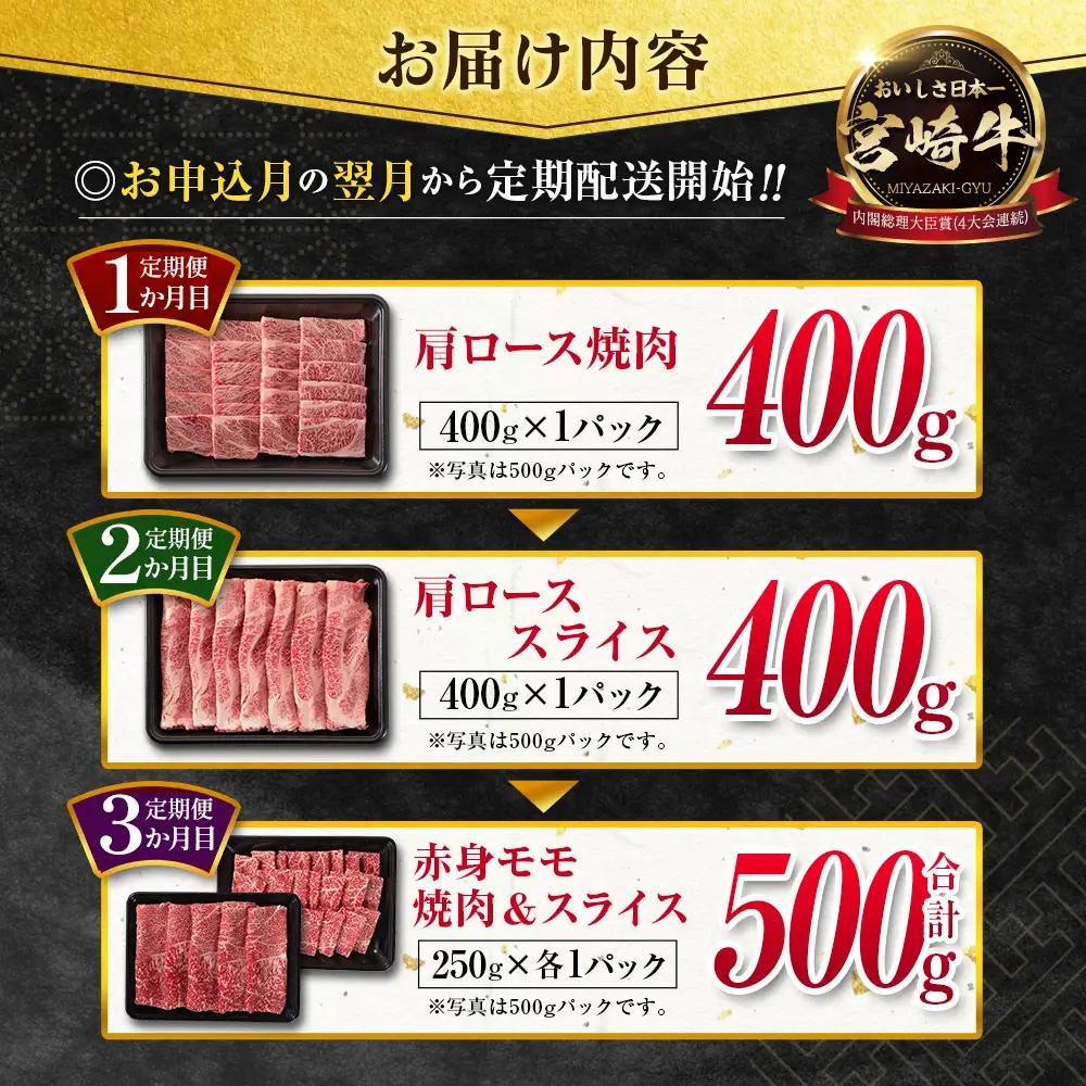 宮崎牛 定期便 全3回 肩ロース 牛モモ 焼肉 スライス すき焼き 黒毛和牛 E271