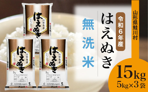 ＜令和6年産米＞令和6年12月下旬発送　はえぬき 【無洗米】 15kg （5kg×3袋） 鮭川村