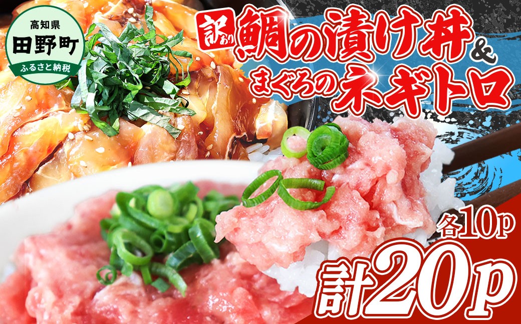 
                  訳あり 鯛の漬け丼＆マグロのネギトロ 各10P 計20P タイ たい まぐろ 鮪 海鮮丼 ねぎとろ まぐろたたき 粗挽き ねぎとろ丼 ネギトロ丼 魚介 惣菜 おかず 訳アリ ～四国一小さなまち～  おすすめ 人気 ランキング ふるさと納税 ふるさとチョイス
                