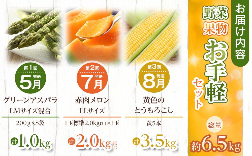 ◆2026年発送先行予約◆【定期便／全3回】旬の極味！『市場厳選』野菜・果物お手軽セット 【セット 旭川産 メロン 赤肉 とうもろこし グリーンアスパラ アスパラガス トウモロコシ フルーツ 野菜 旬