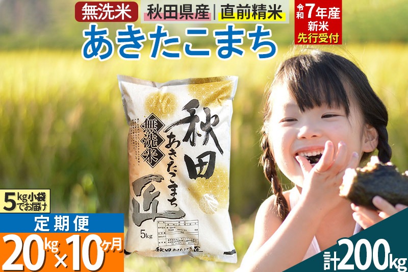 【無洗米】＜令和7年産 新米予約＞《定期便10ヶ月》秋田県産 あきたこまち 20kg (5kg×4袋) ×10回 20キロ お米【お届け周期調整 隔月お届けも可】 新米|02_snk-030810s