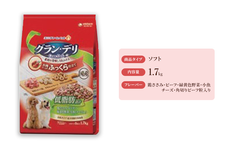 
グラン・デリ ふっくら仕立て 低脂肪 鶏ささみ・ビーフ・緑黄色野菜・小魚・チーズ・角切りビーフ粒入り 1.7kg×4袋 [№5275-0458]
