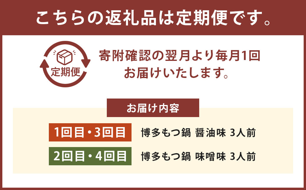 【4ヶ月定期便】人気の博多もつ鍋3人前 醤油味・味噌味を交互にお届け！