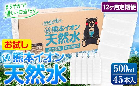 【12ヶ月定期便】水 500ml 家計応援 くまモン の ミネラルウォーター 天然水 熊本イオン純天然水 ラベルレス 45本 500ml 《申込み翌月から発送》 飲料水 定期 備蓄 備蓄用 箱 ペットボトル ｜人気天然水 大人気返礼品