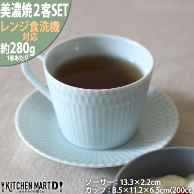 
＜2客SET＞美濃焼 さざなみ8.5カフェカップ&ソーサー(13皿) 青白 200cc【1413477】
