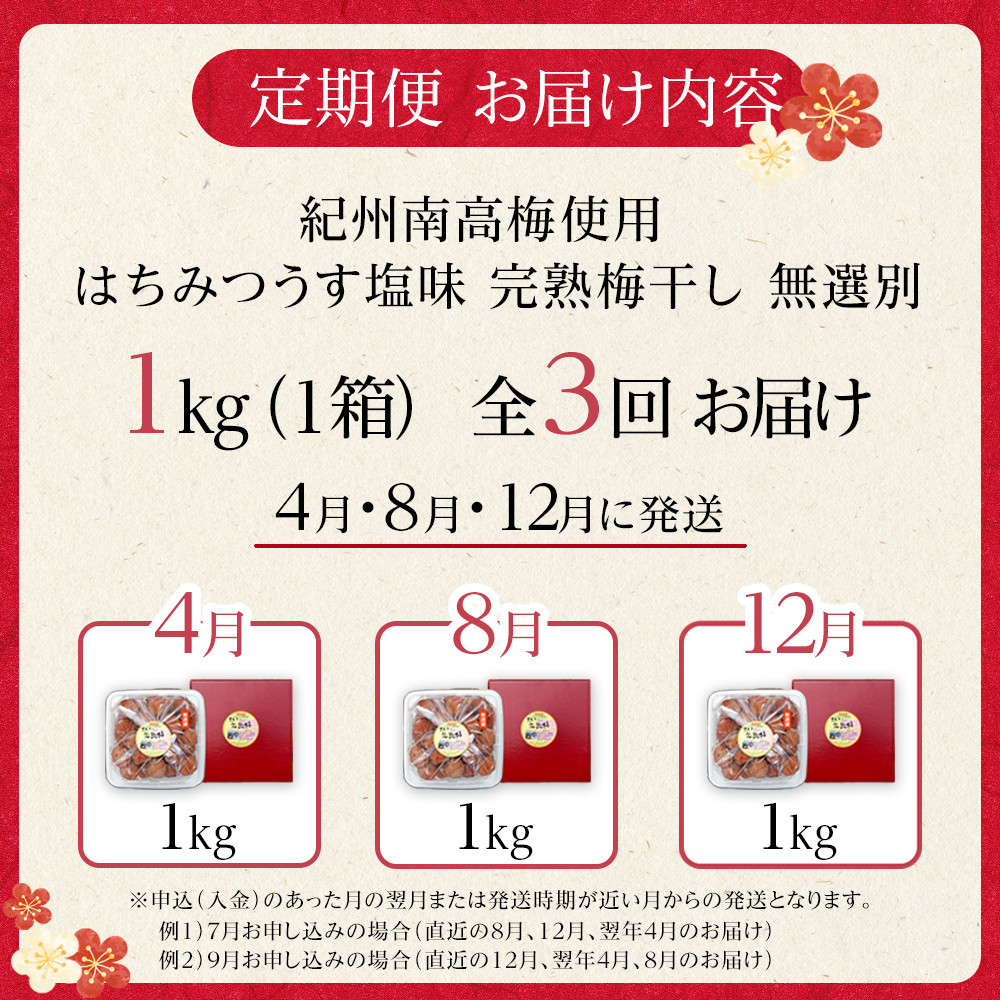 【定期便（4月・8月・12月）全3回お届け】 紀州南高梅使用 はちみつ うす塩味 完熟梅干し 無選別 1kg ［TM215］  XH92268_イメージ5