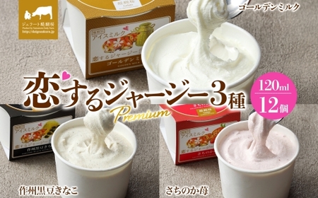 【ジェラート醍醐桜】恋するジャージーPremium 3種 （ゴールデンミルク＆作州黒豆きなこ＆さちのか苺） 計12個セット / 岡山 真庭 醍醐桜 極上スイーツ 濃厚 プレゼント 贈答 デザート ギフト ジャージー牛 ミルク ジェラート おやつ いちご きなこ 子供から大人まで 冷凍 人気 贅沢 家庭用にも【jfg-daigo041】