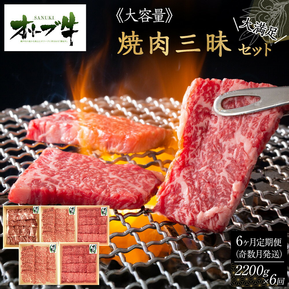【ふるさと納税】奇数月発送≪6カ月定期便・大容量≫オリーブ牛焼肉三昧大満足セット　2200g×6回 | 肉 お肉 にく 牛肉 オリーブ牛 焼き肉 焼肉 食品 香川県産 人気 おすすめ 送料無料 ギフト