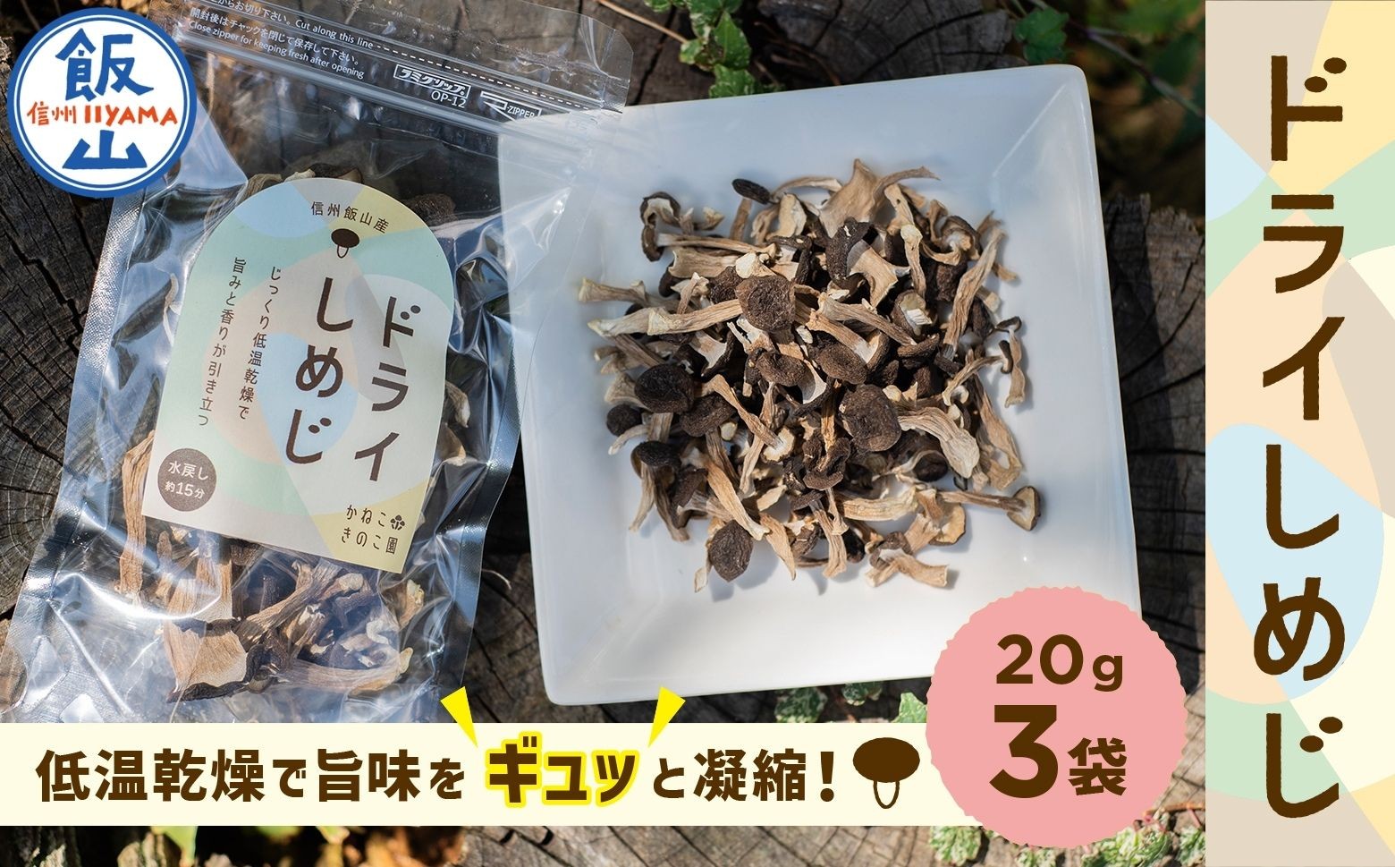
                  手軽に美味しく！  ＼ ドライぶなしめじ ／ 20g　3袋 （Bz-002）｜長野県 飯山市 信州産 きのこ キノコ 無添加 時短 保存食 ダイエット だし 出汁 国産 乾燥 
                