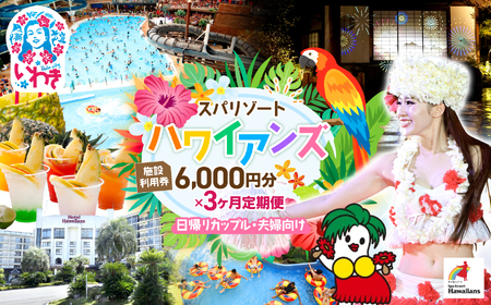 スパリゾートハワイアンズ　カップル定期便 3か月  施設利用券6,000円分（3,000円分×2枚×3か月）日帰りカップル・夫婦向け | 利用チケット 入場券 宿泊代 ホテルハワイアンズ モノリスタワー ウイルポート フラダンス レジャー 観光 旅行 家族旅行 シルバーウィーク プール スパ 温水プール 福島県 いわき市 マウナヴィレッジ ゴルフコース | ZZ019-t3