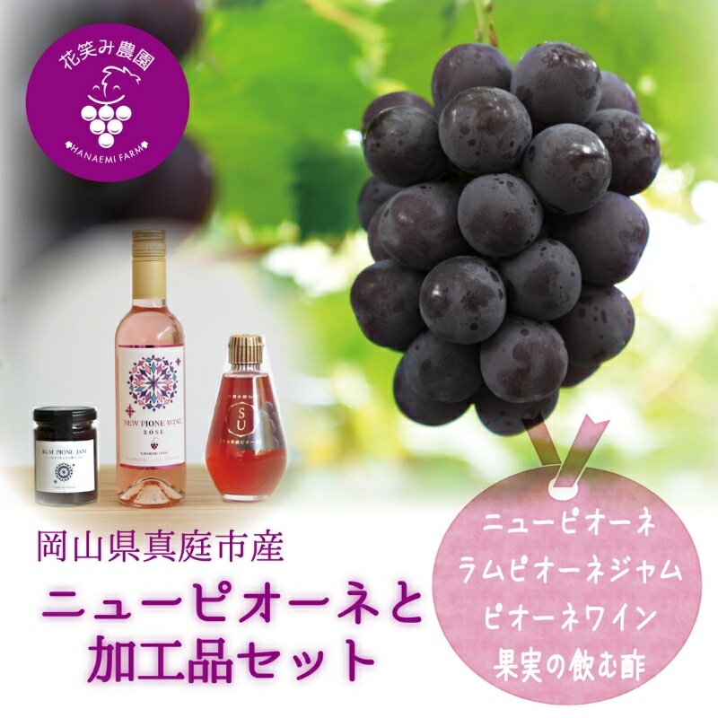 【ふるさと納税】岡山 花笑み農園『ニューピオーネ&ラムピオーネジャム&ワイン&飲む酢』 ピオーネと加工品セット P-JWN hana74 ※2025年9月下旬～順次発送 岡山 真庭 大粒 果物 ピオーネ ジャム 大人のジャム 高級感 ワイン ロゼワイン フルーティー 酢 贈答用【1602104】
