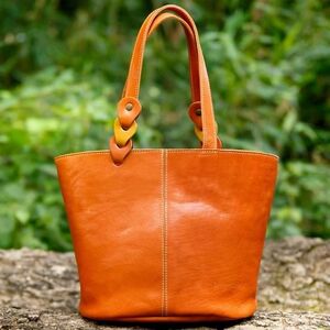 さりげないバイカラーのヌメ革ミニトートバッグ（レザー 牛ヌメ革）≪オレンジ×イエロー≫【hrn17】