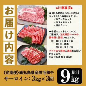 【3か月定期便】カットを選べる！鹿児島県産 黒毛和牛 サーロイン 半頭分 9kg（3kg×3回)  A4等級以上 ！ステーキ カット スライス カット 焼肉 カット から選べます！ 冷凍 国産 鹿児島