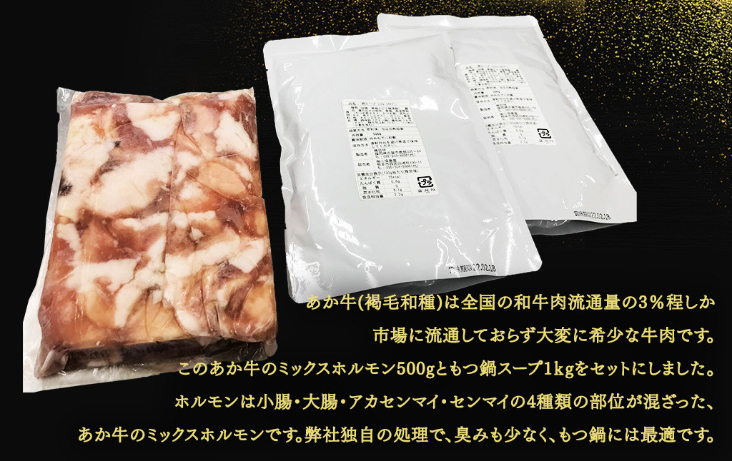 あか牛 もつ鍋 セット（あか牛ミックスホルモン約500g、もつ鍋スープ500ml×2パック）