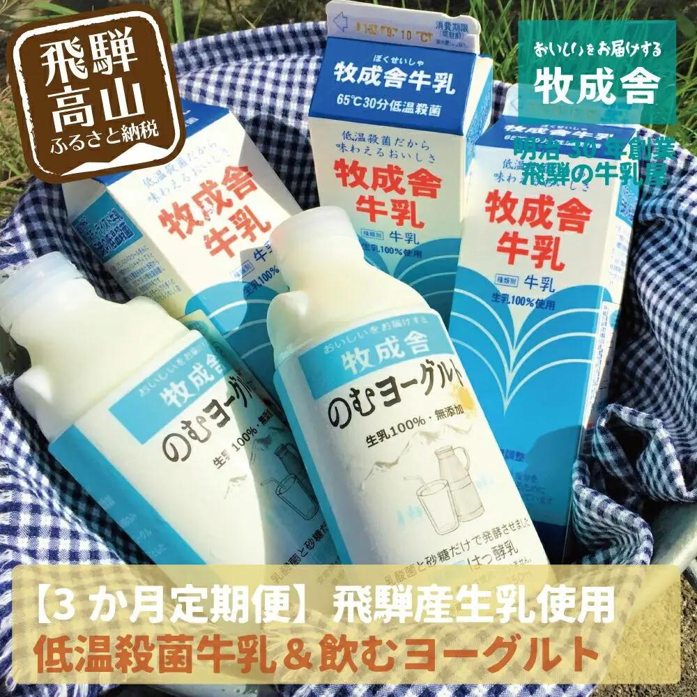 【 3ヶ月 定期便 】飛騨の牛乳屋こだわり 牛乳 3本 飲むヨーグルト 2本 セット 低温殺菌 無添加 牧成舎 飛騨高山