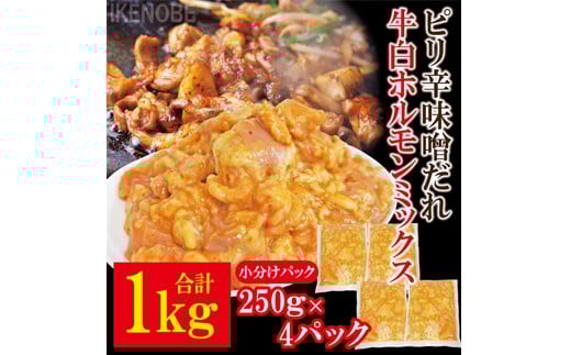 牛白ホルモンミックス ピリ辛味噌だれ 1kg(250g×4パック) 冷凍 小分け ホルモン 味噌 たれ 味付 焼肉 焼き肉 肉 牛 牛肉 おかず おつまみ 【そうざい男しゃく】【ho1598】