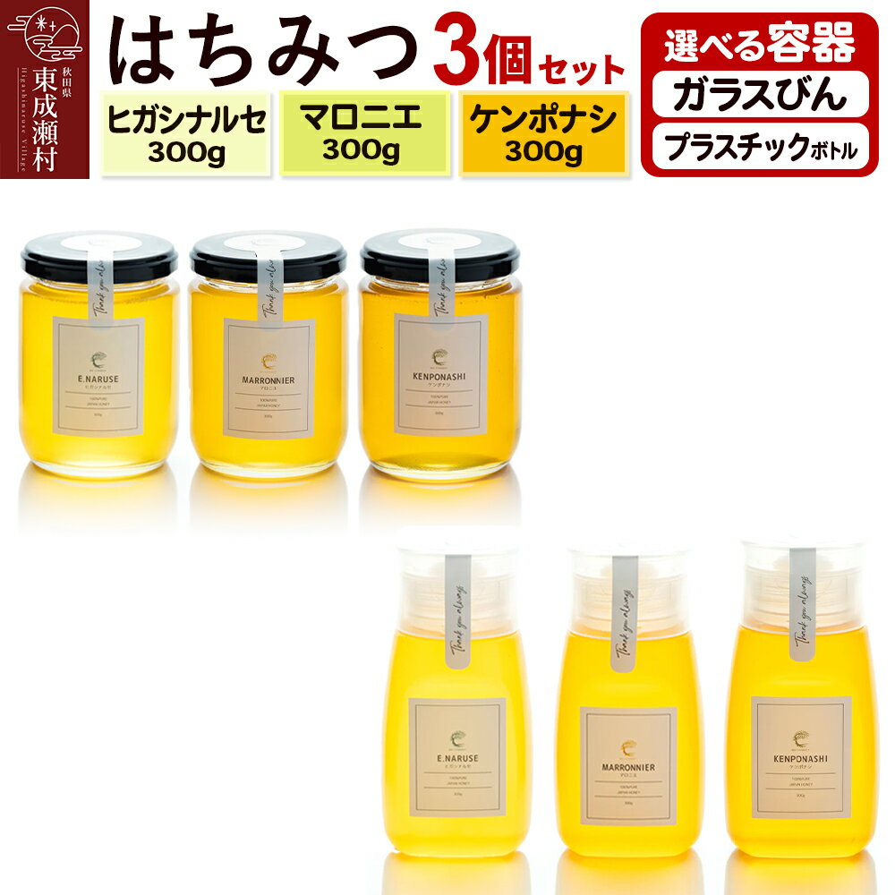 【ふるさと納税】はちみつ3個セット（E.NARUSE・KENPONASHI・MARRONNIER）300g×各1個 計3個【選べる容器 ガラスびん／プラスチックボトル】