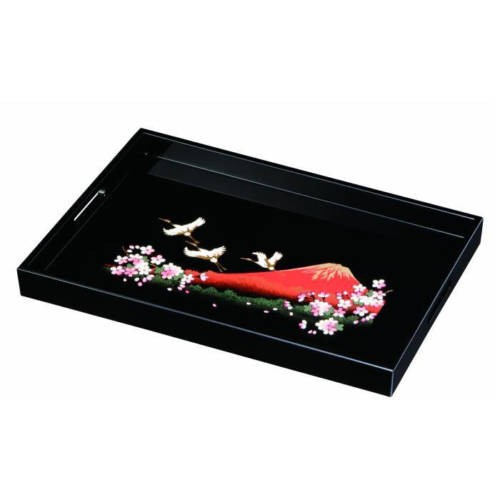 
紀州塗り 木製長手盆 45cm 一富士二鶴三桜
