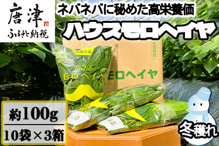 『先行予約』【12月上旬より順次発送】冬穫れハウスモロヘイヤ 100g×10袋×3箱 ネバネバ 高栄養価（βカロテン/各種ビタミン/カルシウム/カリウム/葉酸など) 定番おひたし 和洋中の各種スープ 色んなお料理のソースにも 野菜 ねばねば
