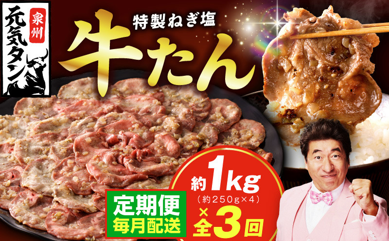 G4735 【定期便】 特製 牛たん 1kg 全3回【毎月配送コース 小分け 250g×4P ねぎ塩 牛タン 牛肉 焼肉用 薄切り 訳あり サイズ不揃い】