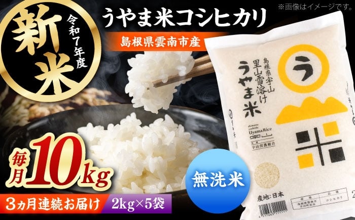 
            無洗米 【全3回定期便】【無洗米】神話の里/吉田町「うやま米」コシヒカリ 10kg（2kg×5）新米 白米 精米 コメ おすすめ 人気 お米 米 ごはん ご飯 食卓 主食 ブランド米 お取り寄せ グルメ ご当地米 贈り物 贈答 ギフト 家族 ファミリー 時短 便利 定期便 10キロ 毎月お届け おいしい 国産 新生活 ストック お弁当 朝ごはん 島根県雲南市/有限会社藤本米穀店 [AIDB085]
          