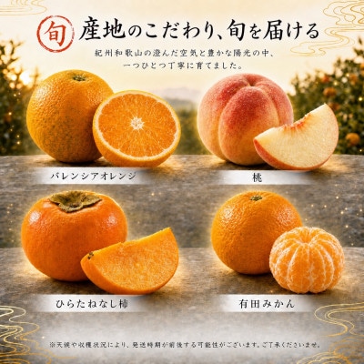 【発送月固定定期便】紀州和歌山産旬のフルーツセット(バレンシア・桃・ひらたねなし柿・みかん)全4回【配送不可地域：離島・北海道・沖縄県】