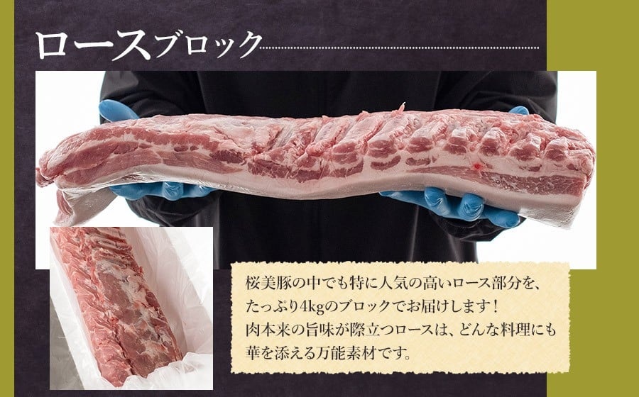 鶴岡産三元豚「桜美豚」ロース ブロック 約4kg　K-7159　豚肉　長南牛肉店