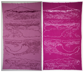ブランケット大判リバーシブル大江町の風景柄（長さ155cm×巾95cm）ピンク×ワイン 031-019-PI_WI