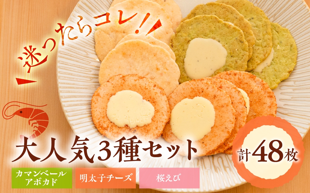 
                  人気えびせん3種 詰め合わせ 48枚 カマンベール＆アボカド 明太子＆チーズ味 桜えび 8枚入×6袋 食べ比べ えびせんべい 個包装 小分け お菓子 おやつ おつまみ 海老せんべい せんべい 煎餅  セット 10000円 1万円 でんすん堂 でんすん堂斉秀 岐阜県 大垣市
                