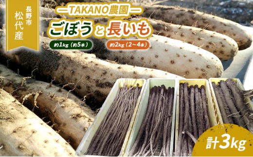 
                  高野農園　長野市松代産 TAKANO農園　ごぼう（約1kg）【約5本】と長いも（約2kg）【2～4本】計3kg 野菜 根菜 長野県産 ネバネバ シャキシャキ とろろご飯 具材 食材 国産 | ながいも 野菜 いも 芋 大容量 人気 おすすめ 根菜 健康 長野県 長野市 信州 信濃 ふるさと納税
                